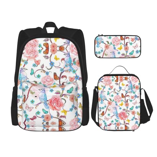 WURTON Romantischer, ausgefallener Schulterrucksack, 3-in-1, Büchertaschen-Set, Lunchbox, Federmäppchen, Reise-Laptop-Tagesrucksäcke