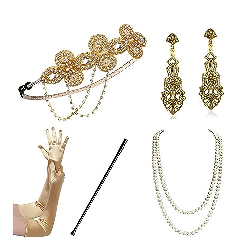 MULAIDI 1920er Jahre Flapper Gatsby Kostümzubehör-Set 20er Jahre lange Handschuhe Halskette Ohrringe Flapper Kopfschmuck für Damen 1920er Jahre Gatsby tolles Zubehör-Set für Damen Flapper