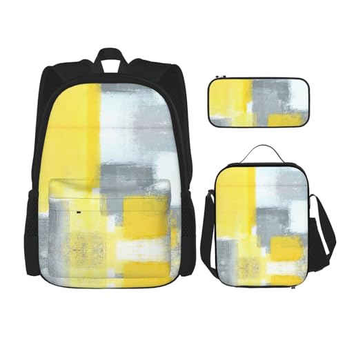 WURTON Schulrucksack-Set mit abstraktem Kunstdruck, 3-in-1, Büchertaschen-Set mit Lunchbox, Federmäppchen, Reise-Laptop, Tagesrucksack, Grau und Gelb