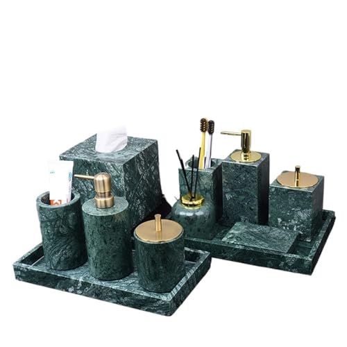 AMEEDA Badezimmer Set Badezimmer-Set aus dunkelgrünem Naturmarmor, helles Luxus-Tablett, Zahnbürstenhalter, Seifenspender-Set Badezimmer Set Akazie(Soap Dispenser E)