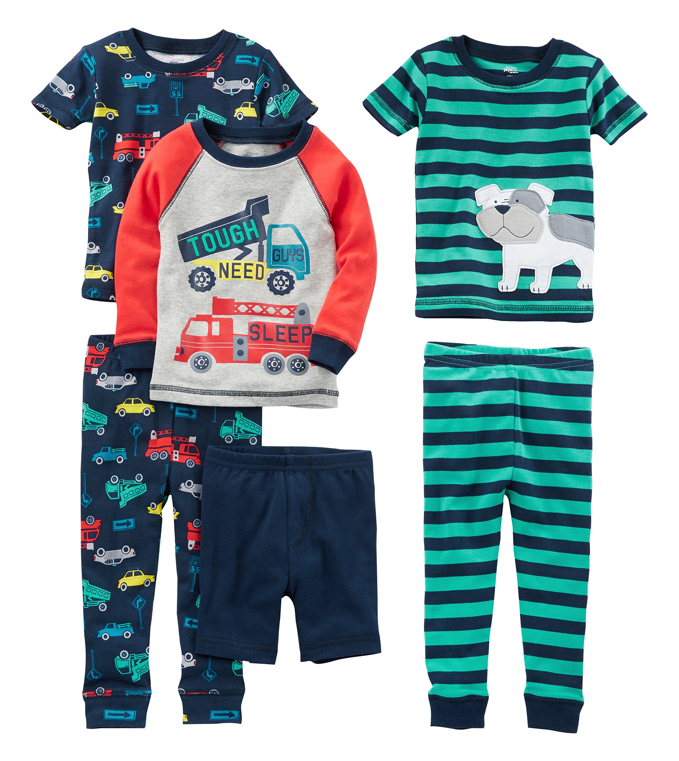 Simple Joys by Carter's Baby-Jungen 6-Piece Snug Fit Cotton Pajama Set Pyjamaset, Mehrfarbig/Autos/Feuerwehrauto/Hund/Streifen, 24 Monate (3er Pack)