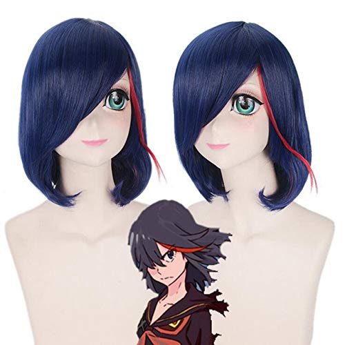 LINLINCD-Hochwertige Anime Kill LA Kill Cosplay Perücke Matoi Ryuko Schwarz Rot Perücken Kurze lockige hitzebeständige synthetische Haare + Perückenkappe S Matoi Ryuko Perücke 323