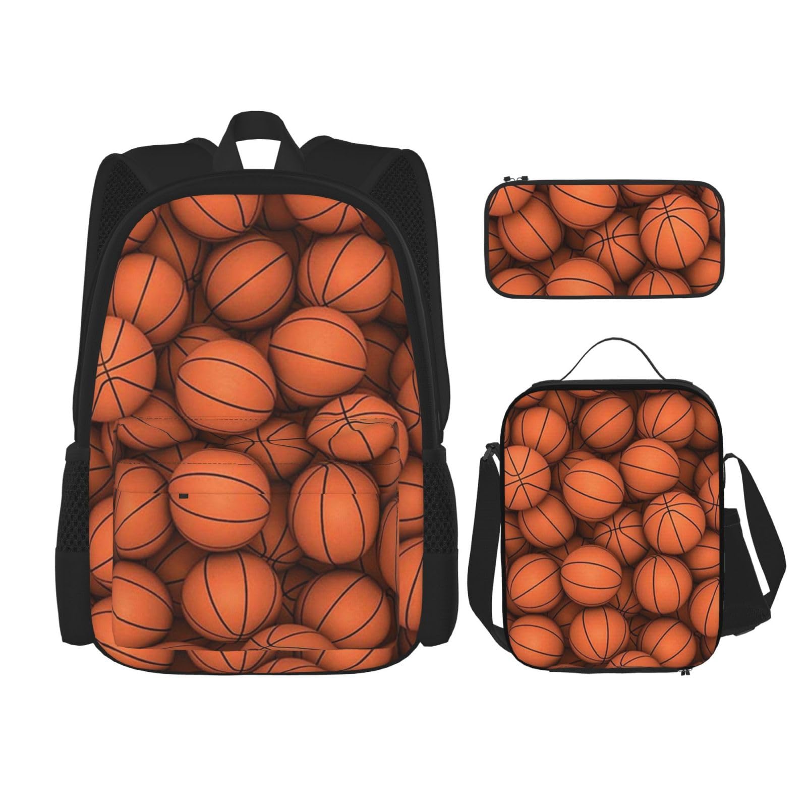 DENMER Mehrzweck-Schulranzen mit Libelle, mit passendem Federmäppchen und Lunchtasche, Set - Ihre stilvolle All-in-One-Lösung, Schwarz, Basketball orange, Einheitsgröße