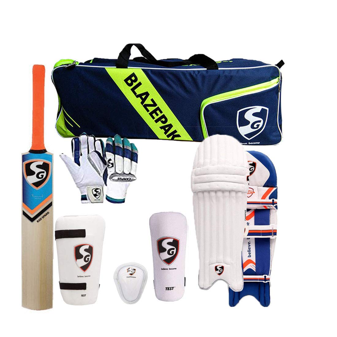 SG Cricket-Set für Erwachsene mit Ezeepak-Tasche mit schneller Lieferung RSD Spark Kaschmir Weidenschläger + Schlagbeinschutz + Schlaghandschuhe + Bauchschutz + Oberschenkelschutz + Tasche