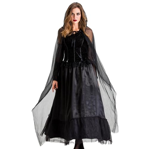 Avejjbaey Frauen Halloween Braut Schwarzes Hexenkleid Cosplay Kostüm Outfit