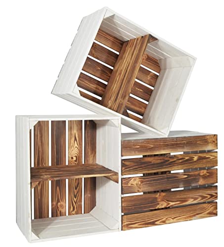 CHICCIE 3 Set Holzkiste Grete Geflammt Weiß - Kurzes Regal Einzelkiste Obstkiste Dekokiste Weinkiste 50x40x30cm Gehobelt