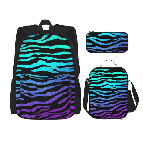 WURTON 3-in-1-Set mit Schultertasche, Rucksack, Lunchtasche, Federmäppchen, Tasche, Tasche, Violett, Blau, Grün, Camouflage, Zebrastreifen, Schwarz, Einheitsgröße