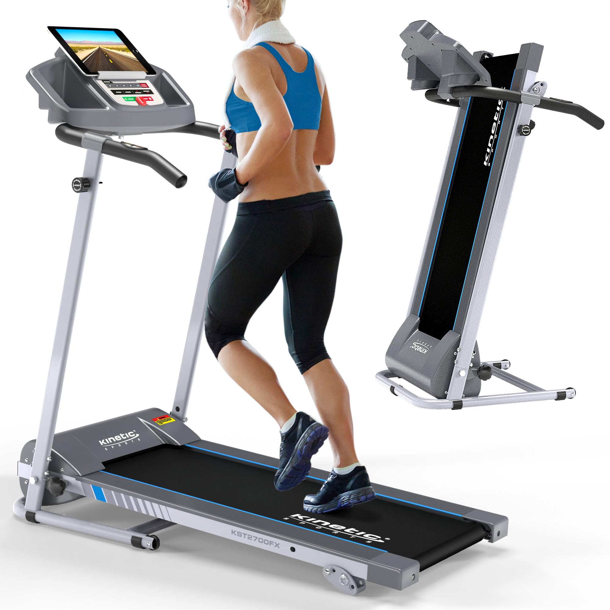 KINETIC SPORTS Laufband für zuhause KST2700FX klappbar - mit Tablethalterung, leiser 750 Watt Elektromotor, 12+1 Programme, LCD Display, Geh- und Lauftraining, stufenlos bis 10 km/h, bis 120 kg