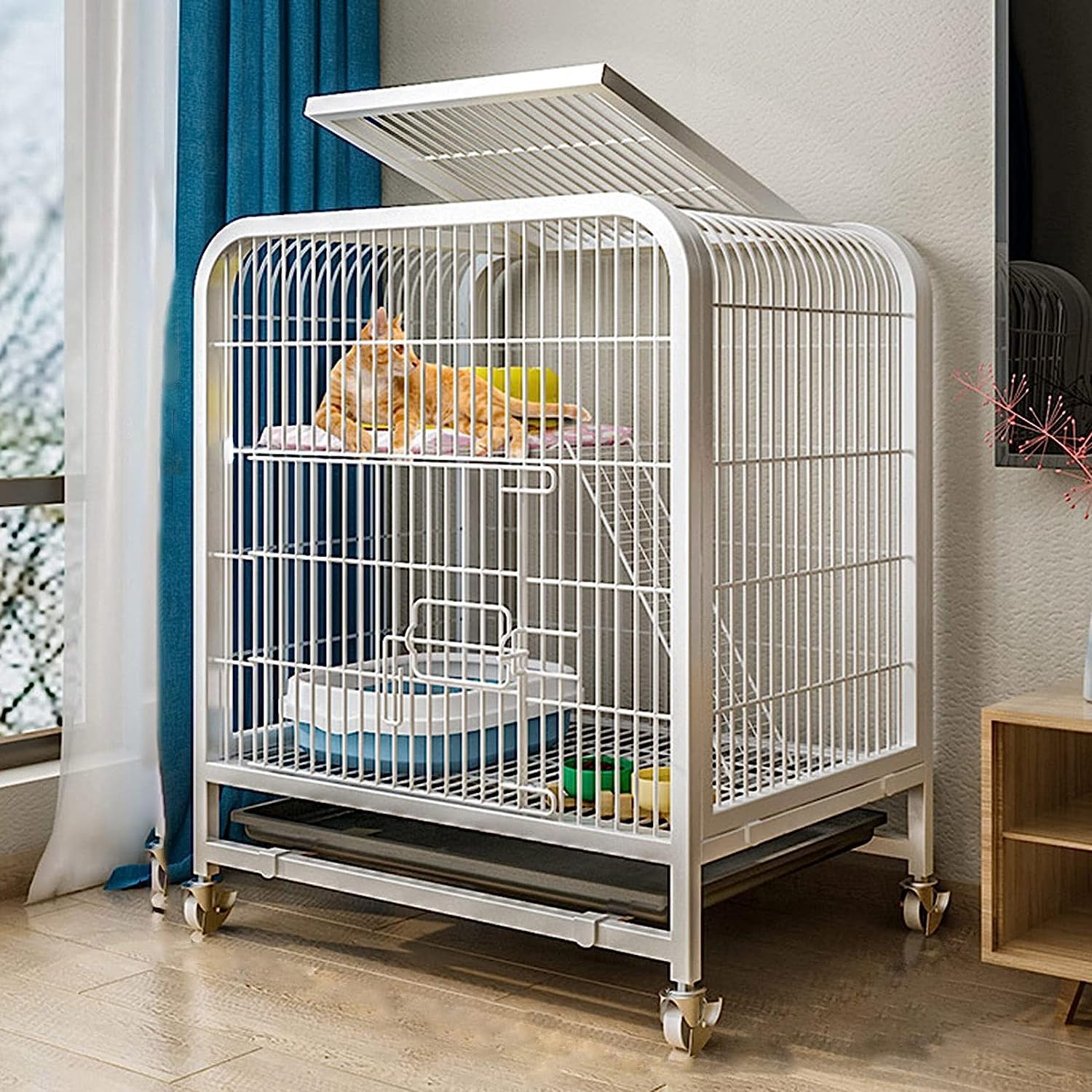 Laufstall für Kleintiere, Katzenkäfig, Laufstall für Katzen im Freien, Katzenkäfig aus Metall, Stall für Kleintiere mit Katzenkratzbäumen, kostenlose Hängematte (Größe: 78 x 55 x 100 cm, Farbe: Weiß)