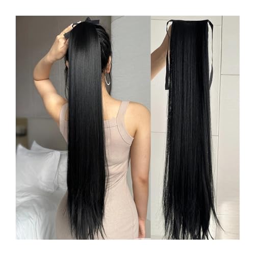 Pferdeschwanzverlängerung 85 cm Clip-in-Pferdeschwanz-Verlängerung for Umwickeln, langes, glattes Pferdeschwanzhaar, synthetisches Haarteil for Frauen, hitzebeständig Pferdeschwanz-Haarteile(Schwarz)