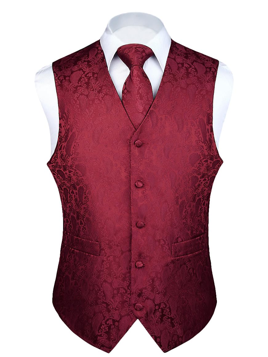 Enlision Anzugweste Weinrot Herren Hochzeit Paisley Westen & Krawatte Einstecktuch Party Floral Jacquard Anzug Weste Set XXL