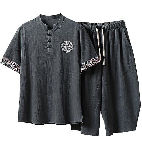 ZHOUXIAO Männer Kung Fu Uniformen Plus Größe Kampfkunst Sets Tang Anzüge Chinesische traditionelle Kleidung Taichi Kleidung Baumwolle Leinen Kurzarm Mantel Tops und Kurze Hos Grey-XL