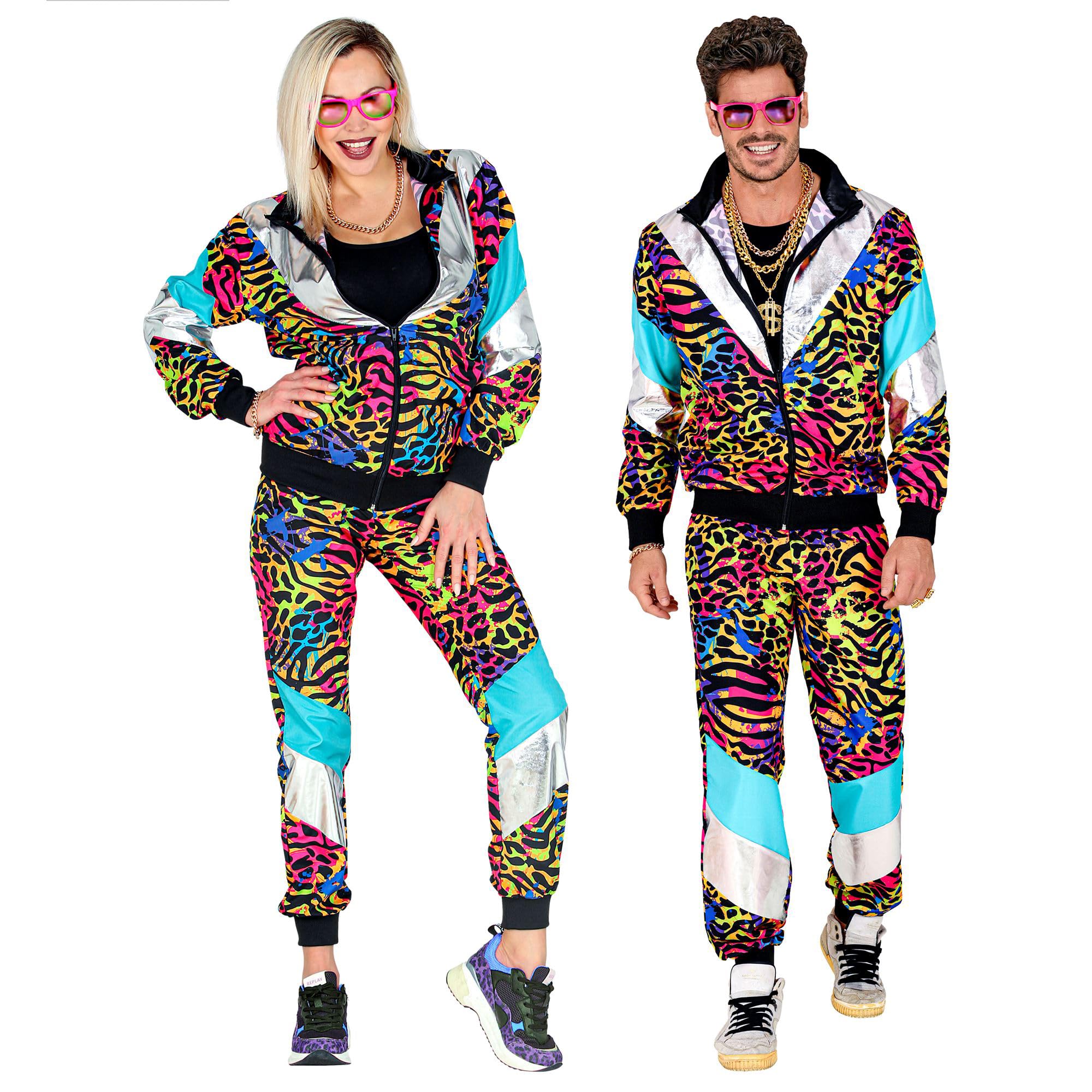 W WIDMANN MILANO Party Fashion - Kostüm 80er-Jahre Trainingsanzug Party Animal, leuchtet unter UV-Licht, Jacke und Hose, Animal Print, Jogginganzug, Retro-Style, Bad Taste Party, Karneval