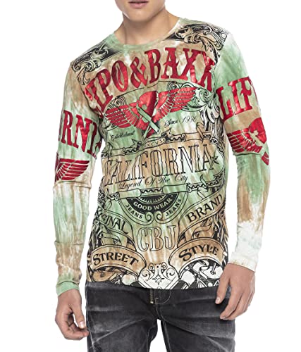 Cipo Baxx Herren Langarmshirt Longsleeve Batik Waschung Sweater Sweatshirt Pullover Biker Allover Print Grün-Braun S