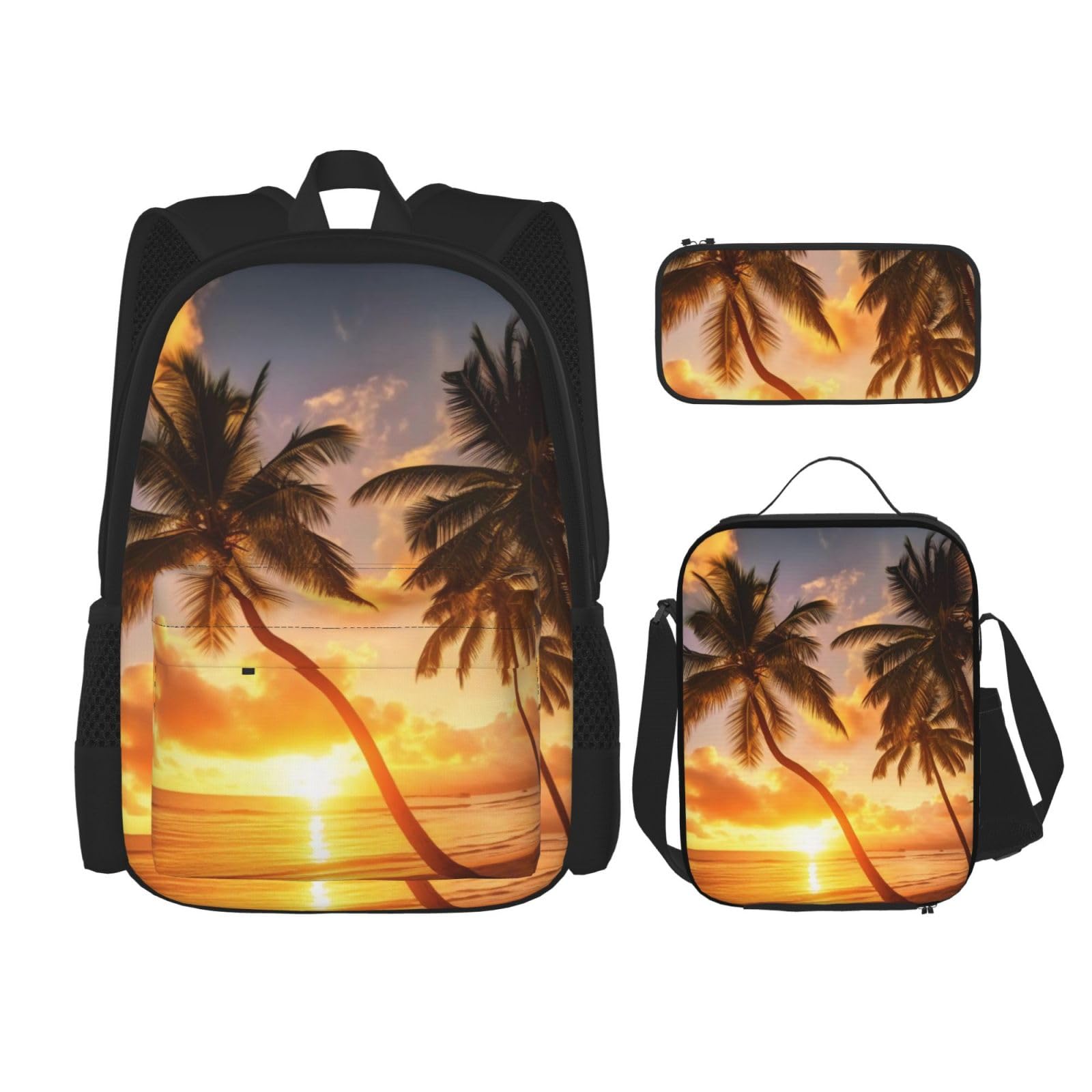 DENMER Mehrzweck-Schultasche mit Sonnenuntergang, hawaiianische Palme, mit passendem Federmäppchen und Lunch-Tasche, Ihre stilvolle All-in-One-Lösung