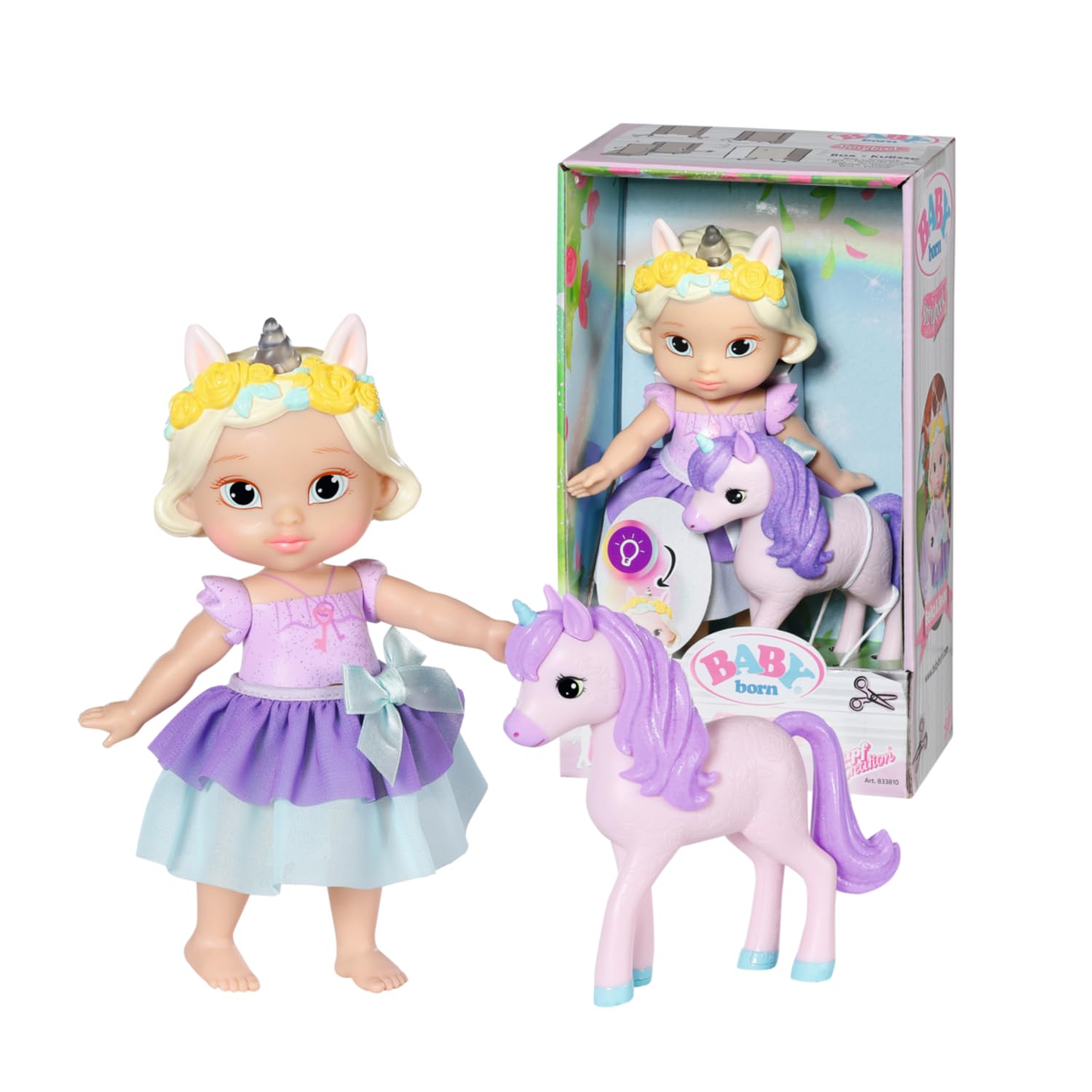 BABY born Storybook Prinzessin Bella, Prinzessinnen-Puppe mit Einhorn-Figur und Leuchtfunktion, 833810 Zapf Creation, Lila