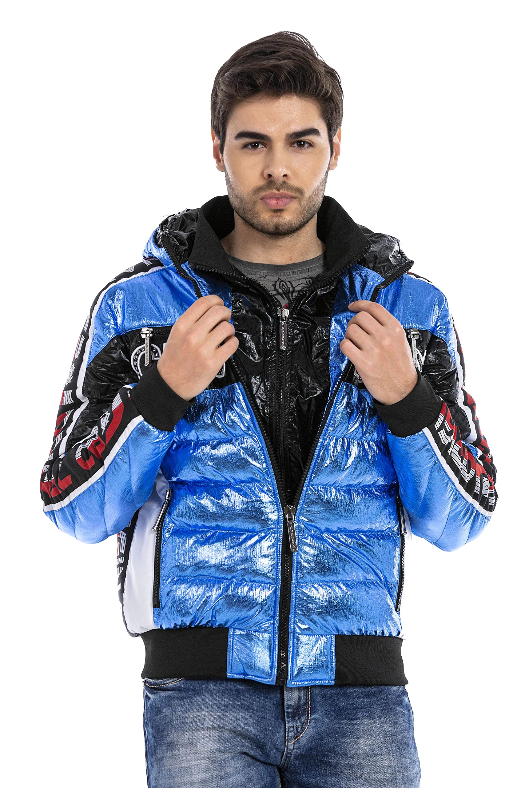 Cipo & Baxx Herren Winterjacke Steppjacke Glänzend Kapuze Jacke CJ270 Blau L