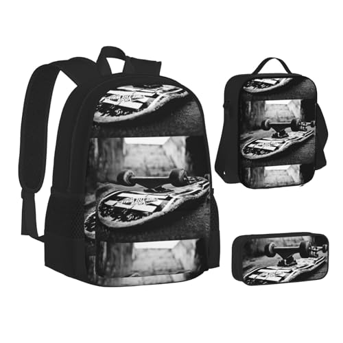 WURTON Lunchbox-Set mit Skateboard-Druck, 3-in-1-Büchertasche und Federmäppchen, passende Kombination, Schwarz, Einheitsgröße