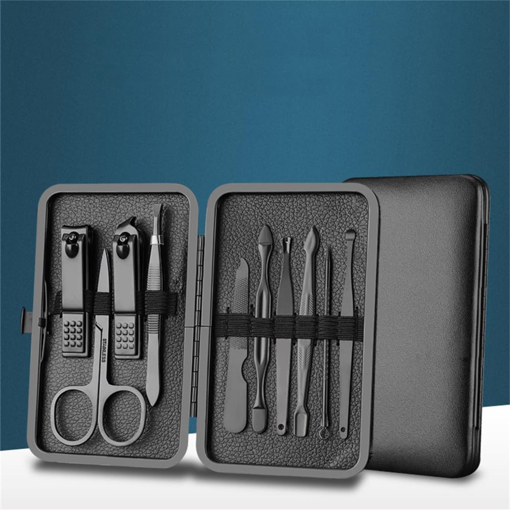 AIHEDOUJ Maniküreschneider, Nagelknipser-Set, Haushalt, Edelstahl, Ohrlöffel, Nagelknipser, Pediküre, Nagelschere, schwarzes Leder, 10 Stück