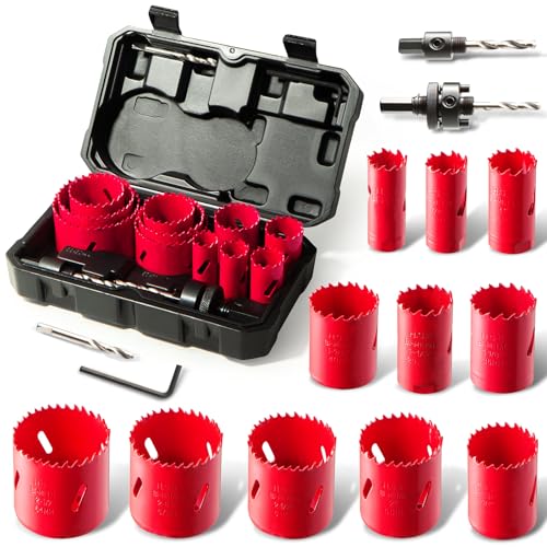 Bi-Metall Lochsäge, HYCHIKA 17 PCS Lochsäge Set mit 11 Sägeblättern 19mm-68mm, 2 Dornen, 3 Bohrern, 1 Sechskantschlüssel, Ideal zum Bohren von Weichmetall, Holz, PVC-Platte und Kunststoffplatte