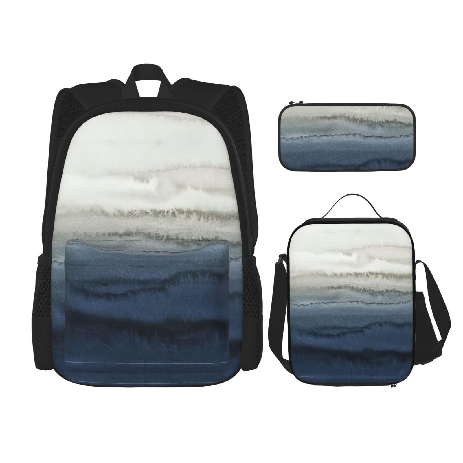 Within The Tides Print Travel Lunch Box Pencil Case Backpack Set 3 Pieces Adjustable Straps Lightweight