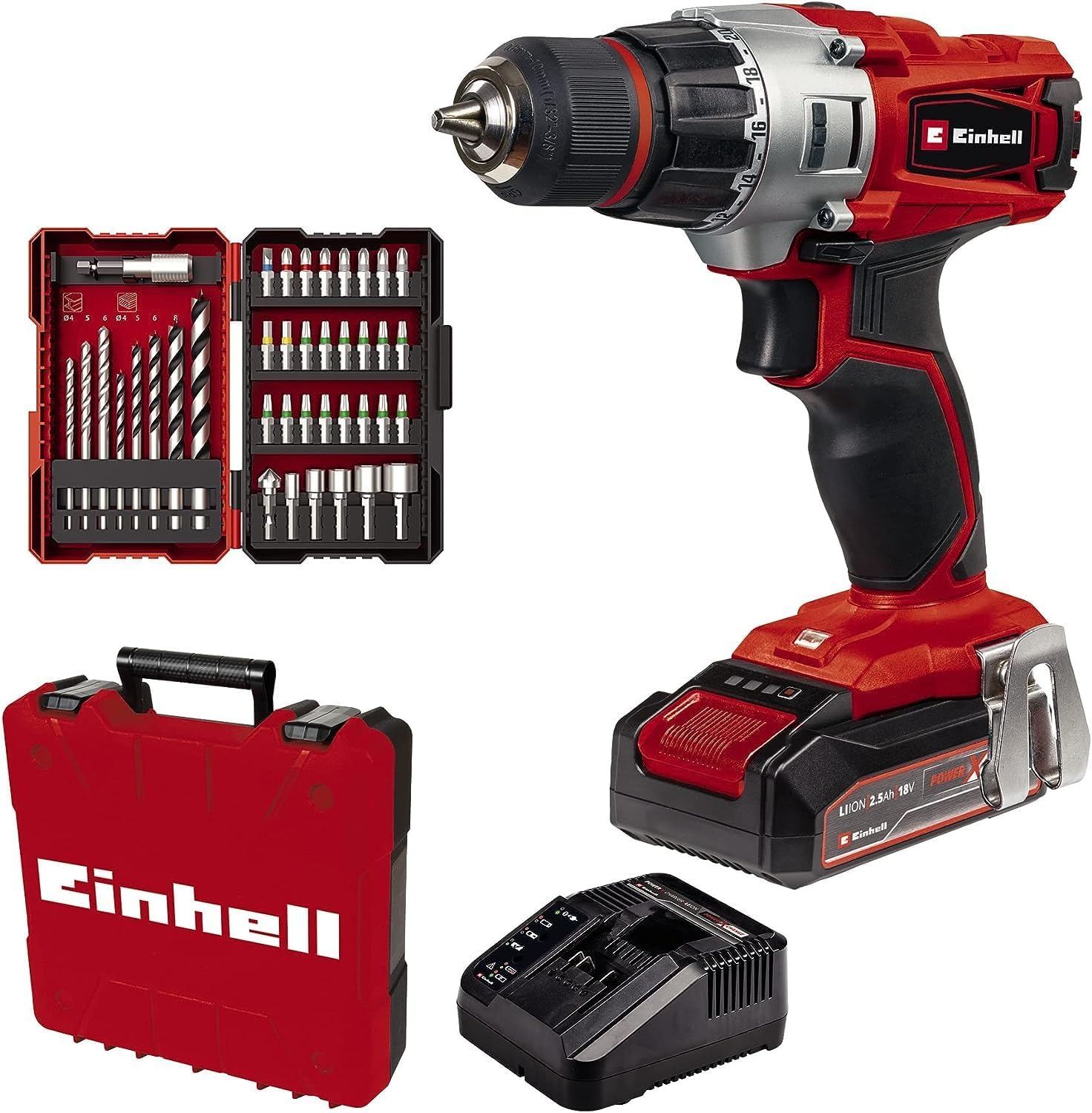 Einhell Akku-Bohrschrauber TE-CD 18/2 Li +39 (1x2,5Ah) Power X-Change (Li-Ion, 18 V, 44 Nm, 2-Gang-Getriebe, inkl. 2,5 Ah Akku, Schnellladegerät und 39-tlg. Zubehör-Set) Rot/Schwarz, 190