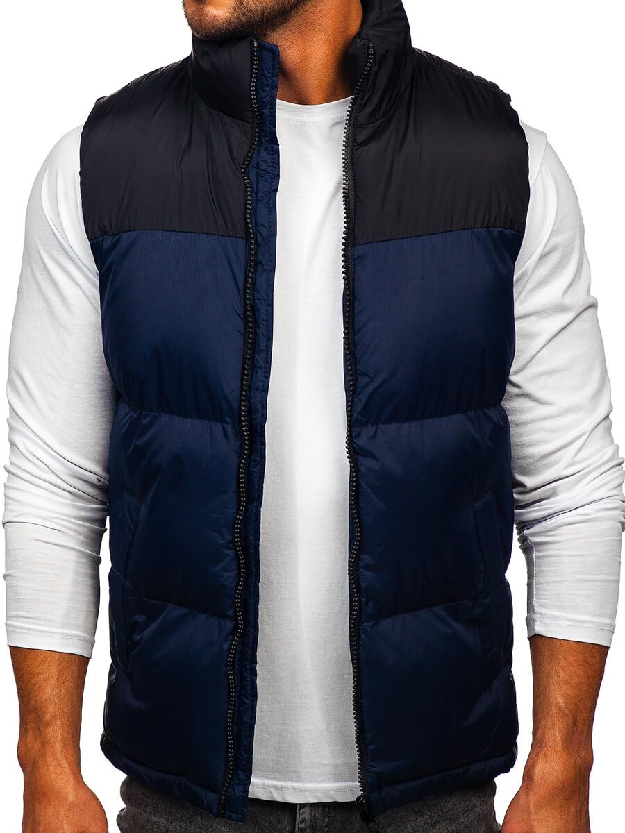 BOLF Herren Weste mit Stehkragen Steppweste Bodywarmer Daunenweste Reißverschluss Ärmellose Sportweste Zip Wärme Freizeit Outdoor Style 9969 Dunkelblau M [1U1]