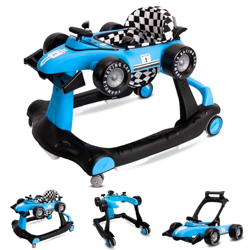 Sun Baby Lauflernhilfe Walker 3in1 mit höhenverstellbare Automotiv, Formula racing, interaktiv und faltbar mit Sicherheitsstopper, Tasten, Lichtern und Sound ab 6 Monaten (Blau)