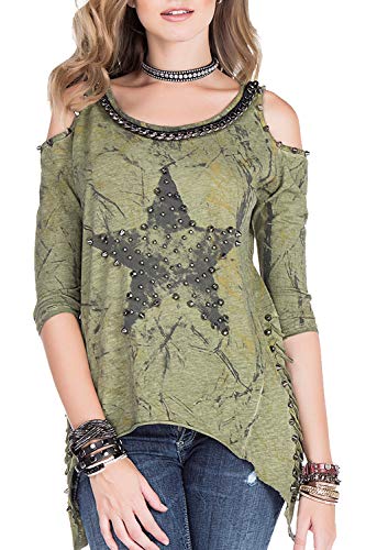 Cipo & Baxx Damen Langarmshirt Asymmetrisch Longsleeve Rundhalsausschnitt Shirt mit Nieten Khaki XS