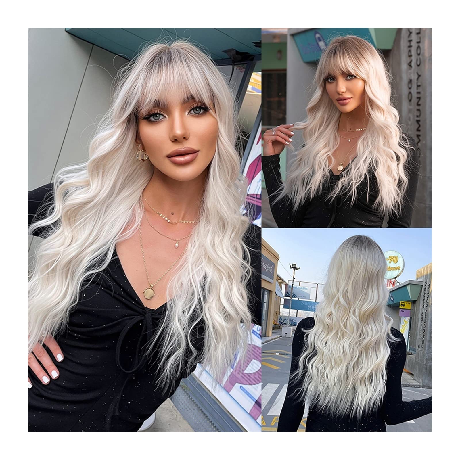 Perücken 66 cm lange Synthetikperücke mit Platinwellen for weiße Frauen, Ombré-Perücke, hellblond, mit Pony, natürliche Hochtemperaturfaser-Perücke for tägliches Cosplay Damenperücke