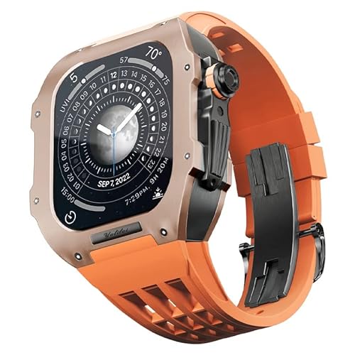 KANUZ Uhren-Modifikationsset, Luxus-Uhrenarmband-Set für Apple Watch 8 Ultra, 45 mm, luxuriöses Viton-Armband, Titangehäuse für iWatch 7, 8, 45 mm, Upgrade-Modifikation (Farbe: Orange 2, Größe: 45 mm)