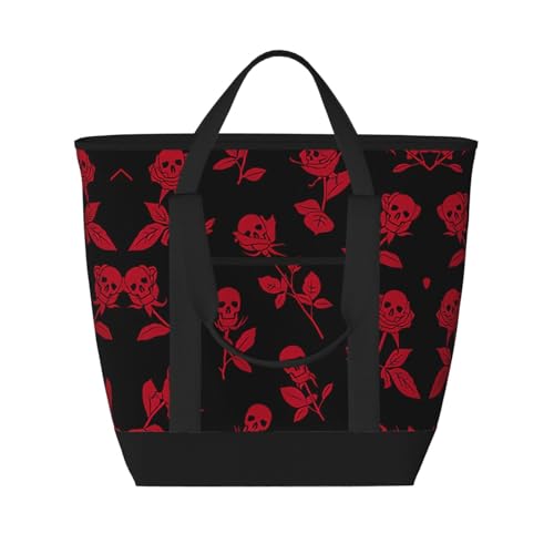 YQxwJL Totenkopf-Rosen-Druck, große Kapazität, isolierte Lunchtasche, wiederverwendbare Einkaufstasche mit Reißverschluss für Damen und Herren