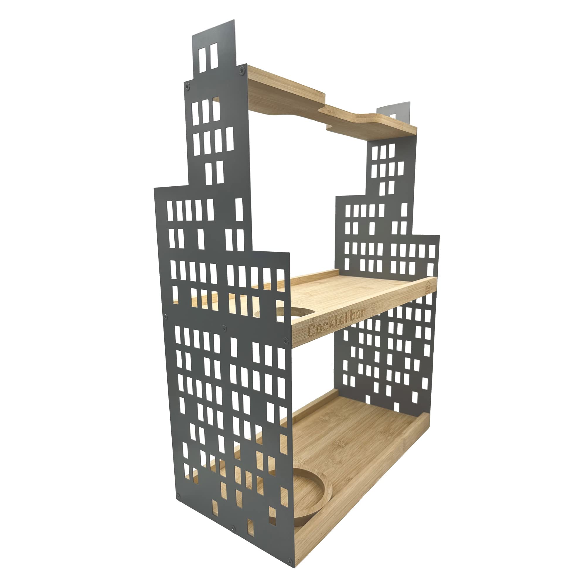 UNUS HOME Etagere Cocktailbar, 2 Etagen mit Griff, für Cocktails, Früchte und Snacks mit Flaschenhalter und Schlitz für Messer, Tablett aus Bambus Holz, Gestell aus Metall, ideal als Geschenk