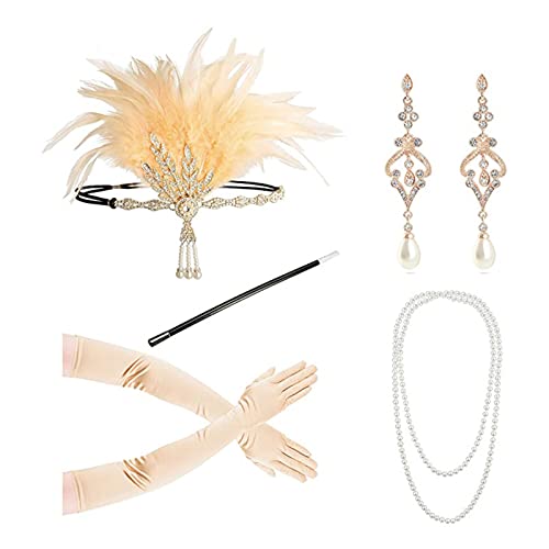 MULAIDI 1920er Jahre Flapper Gatsby Kostümzubehör-Set 20er Jahre lange Handschuhe Halskette Ohrringe Flapper Kopfschmuck für Damen 1920er Jahre Gatsby tolles Zubehör-Set für Damen Flapper