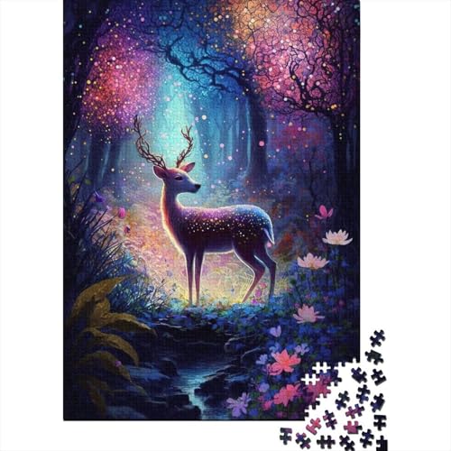 Niedliches Holzpuzzle mit Hirsch und Blume für Erwachsene und Jugendliche von Art Jigsaw Puzzles für Erwachsene, 1000 Teile, Holzpuzzle für Erwachsene und Jugendliche, 75x50cm