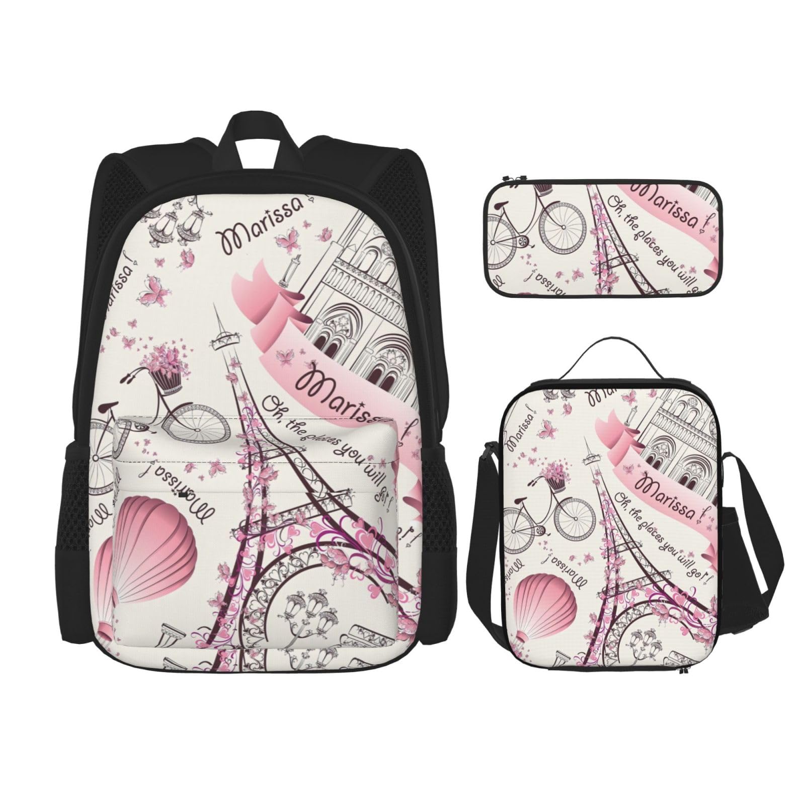 WURTON Romantische Paris Schmetterling Druck Reise Lunchbox Federmäppchen Rucksack Set 3 Stück Verstellbare Träger Leicht, Schwarz, Einheitsgröße