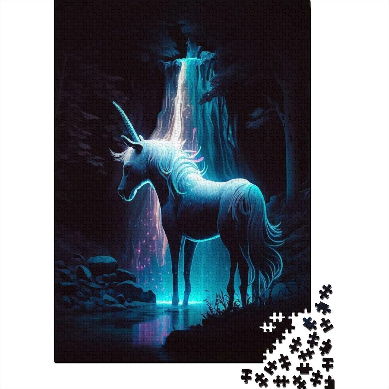 Beleuchtetes Einhorn-Holzpuzzle für Erwachsene, 1000-teiliges Puzzle für Erwachsene und Teenager mit passendem Poster und Wissensblatt (Größe: 75 x 50 cm)