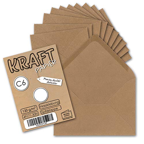 1000x Krafpapier Umschläge DIN C6 Braun - 11,4 x 16,2 cm ohne Fenster - Vintage Briefumschläge mit Nassklebung Spitzklappe - NEUSER PAPIER