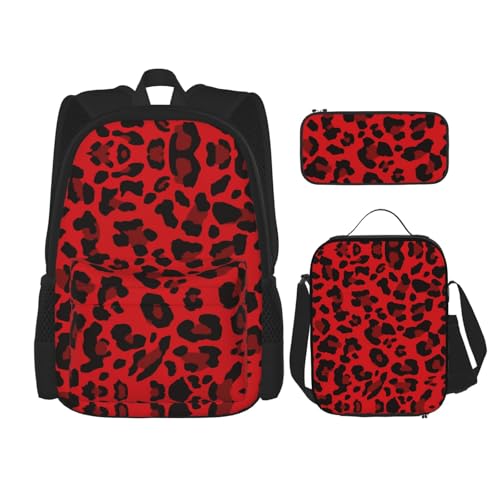 WURTON Lunchbox, Federmäppchen, Rucksack-Set, 3-teilig, verstellbare Riemen, langlebig, leicht, Leopardenmuster, Rot, Schwarz, One Size