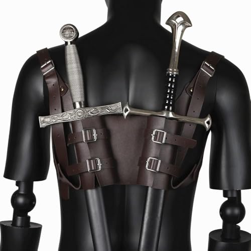 MAUXpIAO Mittelalterlicher Schwertgürtel, Wikinger Retro Doppel-Schulter-Leder-Schw﻿ert-Holster, Cosplay Ritter-Pirat Doppel-Schwert Frosch-Schwert-Halter Für Männer Frauen,Schwarz echt/A/A