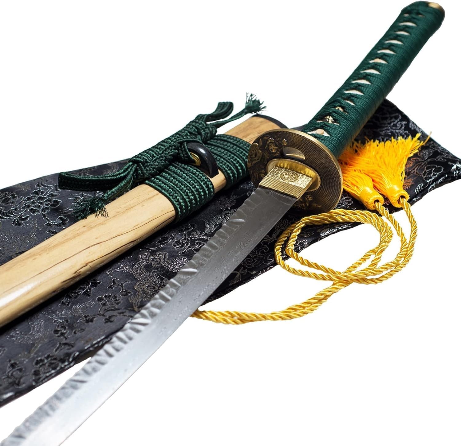 MAUXpIAO 40 Zoll handgeschmiedetes japanisches Samurai-Schwert Full Tang 1060 Kohlenstoffstahl Eisen Tsuba geschmiedet gefaltet roter Damaststahl echtes Katana-Schwert echt/G/70.5cm