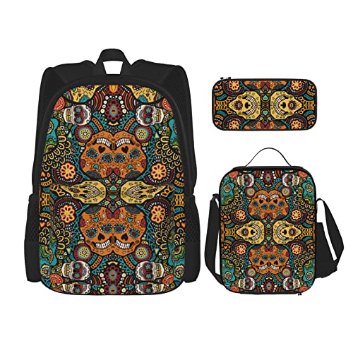 DENMER Mehrzweck Bunte Sugar Skulls Schultasche mit passendem Federmäppchen und Lunchtasche Set - Ihre stilvolle All-in-One-Lösung