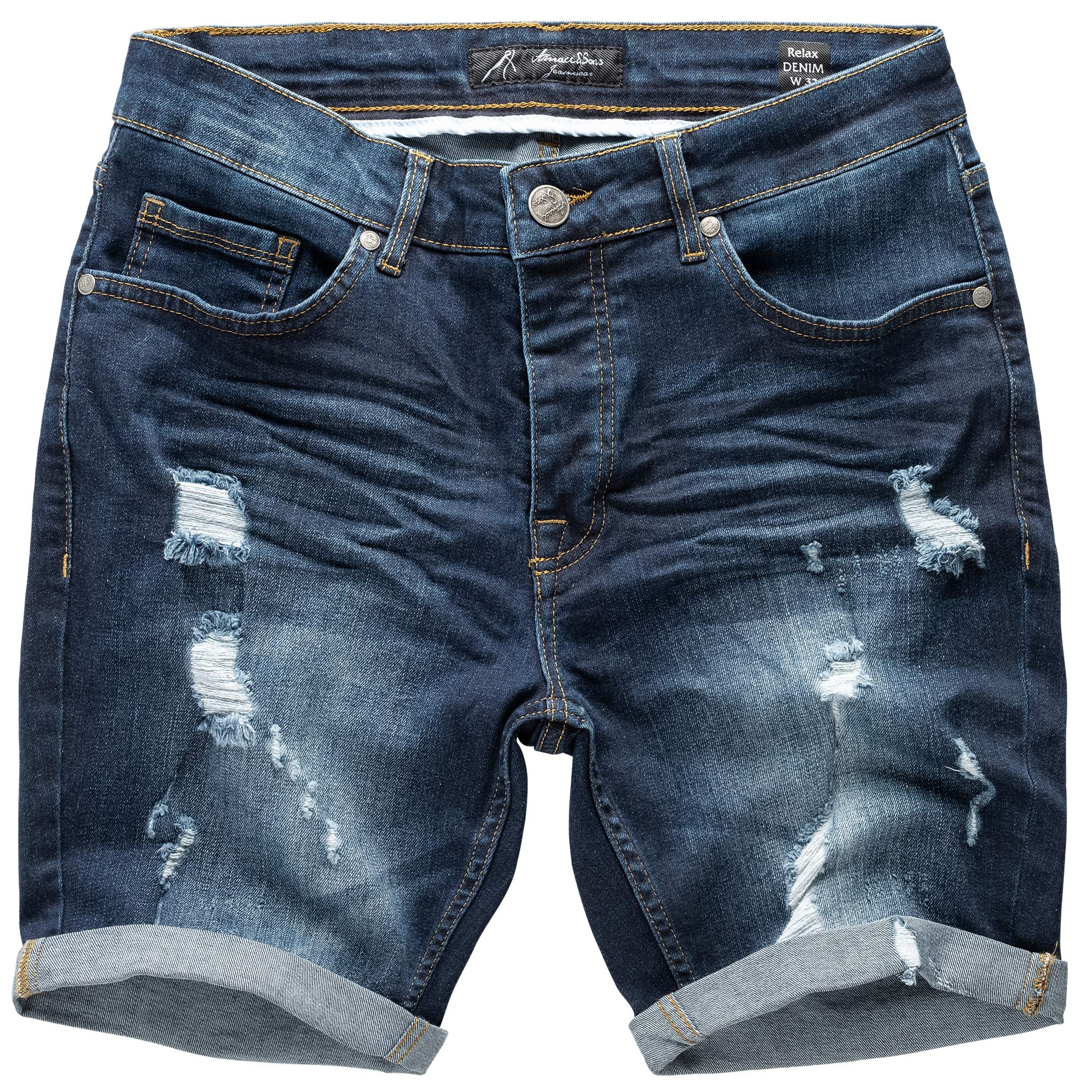 Amaci&Sons Herren Destroyed Jeans Shorts Kurze Hose Sommer Bermuda 7979 Dunkelblau W29