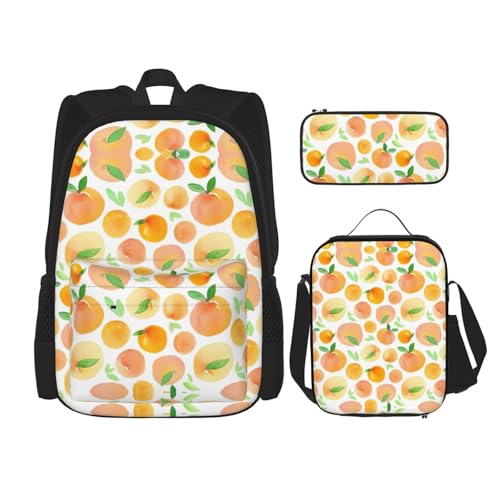 WURTON Schulterrucksack, 3-in-1-Büchertaschen-Set, Lunchbox, Federmäppchen, Reisen, Laptop, Tagesrucksack, Pfirsichmuster, Schwarz, Einheitsgröße