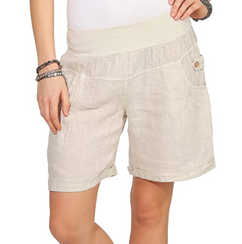 Mississhop 276 Damen Leinenshorts Bermuda lockere Kurze Hose Freizeithose 100% Leinen Shorts Elegante Haremshose mit Knöpfen Sommer Strand Beige 2XL