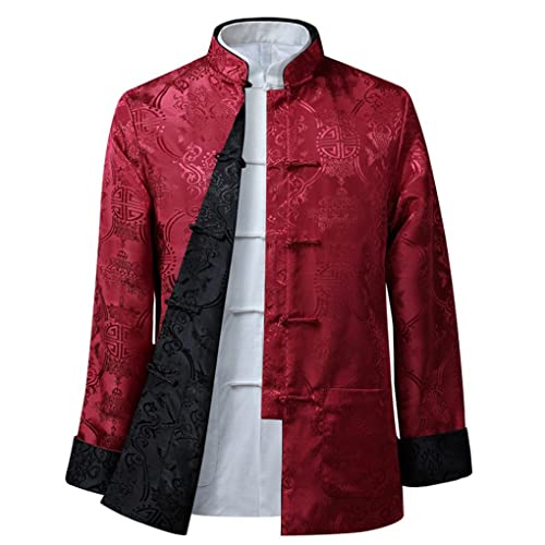 QPZK Kung Fu Jacke Beidseitig tragen Kleidung Herren Stickerei Tang Anzug Herren Hanfu Mantel Traditionelle chinesische Kleidung Baumwolle Leinen Tai Chi Kleidung Kampfsport Kleidung Lang Rot 1-XL