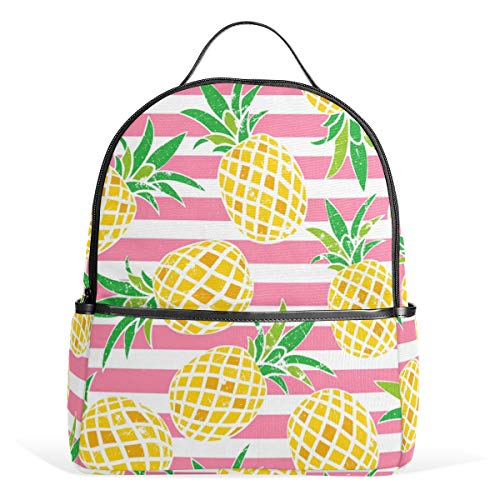 Ananas Tropical Pink gestreifter Rucksack wasserdichte Schultertasche Büchertasche Gym Rucksack, grüne Blätter Obsttasche Casual Daypack Outdoor Reise Sporttasche für Damen Herren