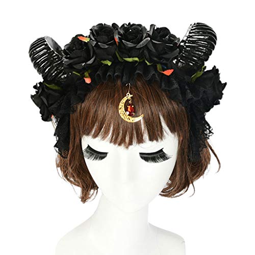 REITINGE Halloween Stirnband Handgemachte Rose Blume Schafhorn Haarreifen Spitze Mond Anhänger Tropfen Retro Cosplay Kopfschmuck