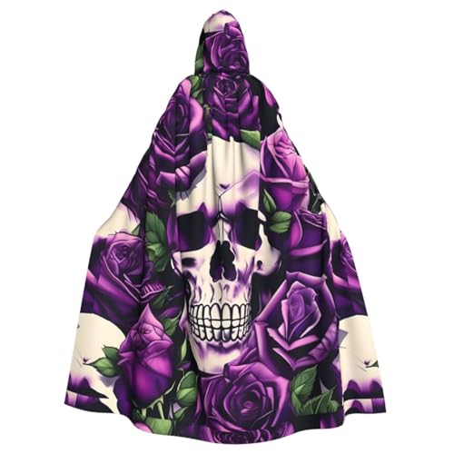 WURTON Umhang mit Kapuze und Totenkopf-Aufdruck, Motiv: viele violette Rosen, Halloween, festliche Bedürfnisse, Cosplay, Maskerade, Motto-Partys, 185 cm