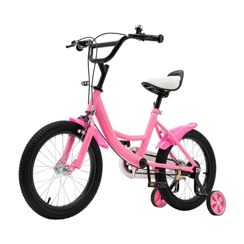 HuKaiL 16 Zoll Kinderfahrrad Tretfahrrad ab 5-8, Fahrrad Kinder für Jungen Mädchen, Höhenverstellbar Kinder Fahrrad mit Hilfsrad Doppelbremssystem (Rosa)